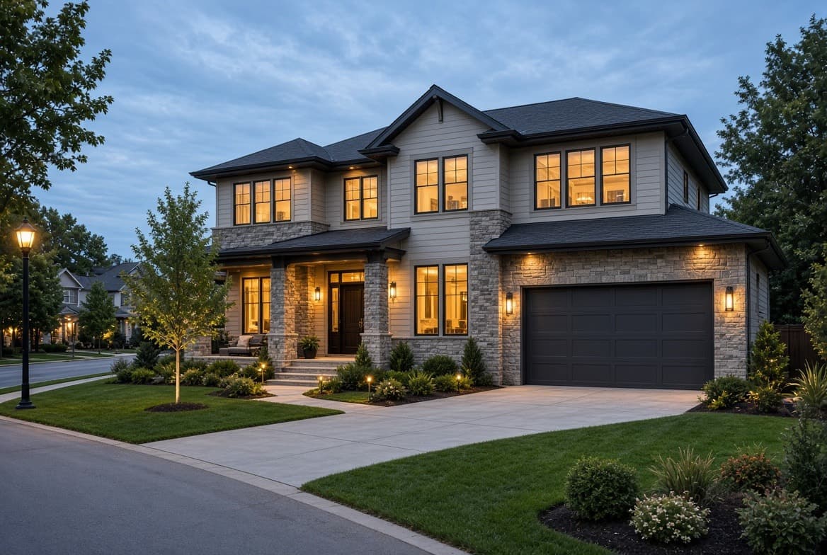 A two-storey home lit up at dusk