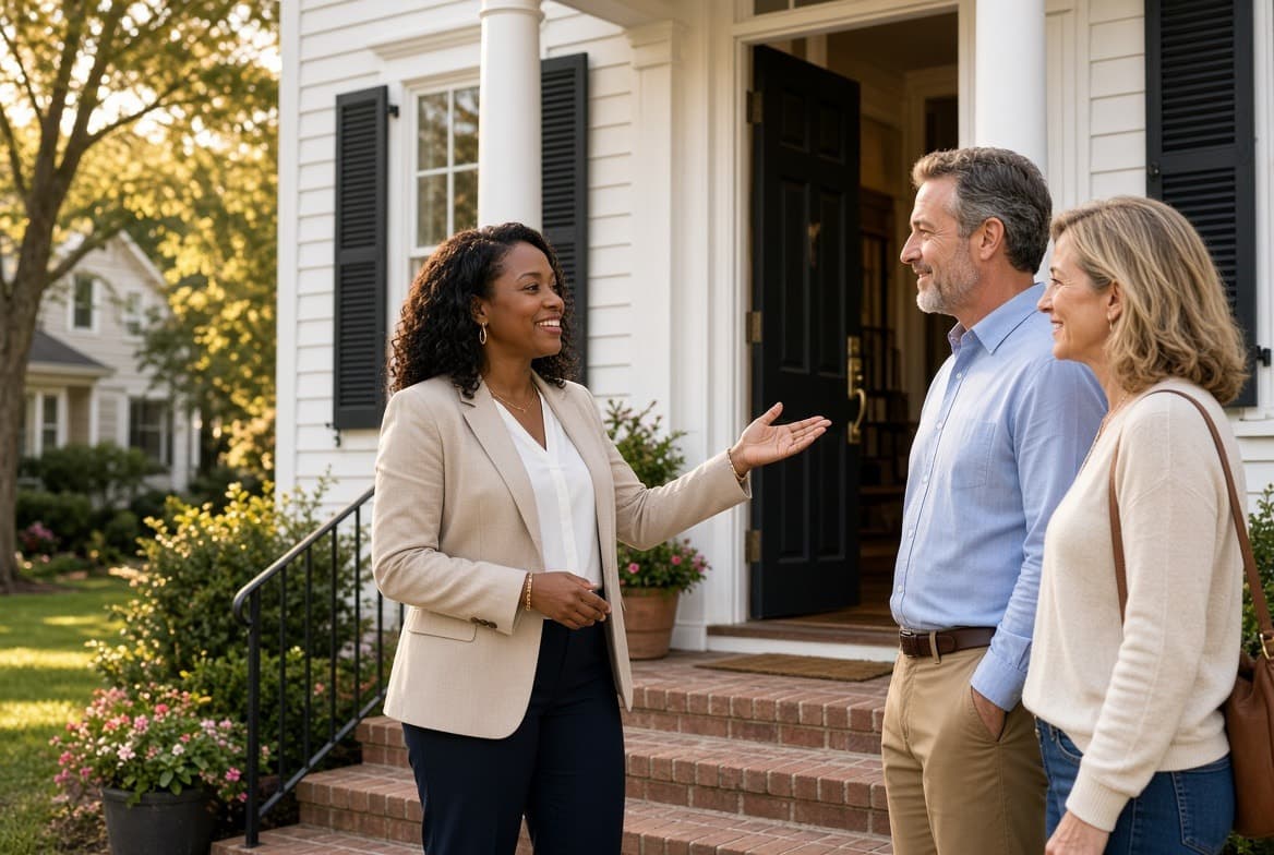 A real estate agent welcoming a couple to a home